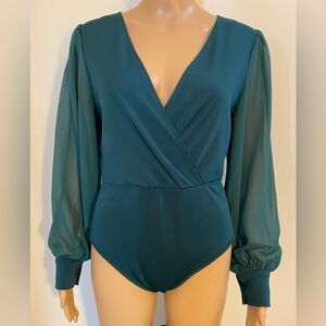 Women SHEIN Green w/ Sheer Long Sleeves V Neck Bodysuit Blouse